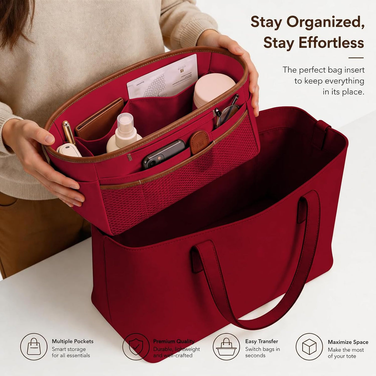 Purse Organizer Insert for Tote Bag, 12.99 Inch Satin Bag Organizer, Multi Pocket Handbag Organizer for Everyday Totes