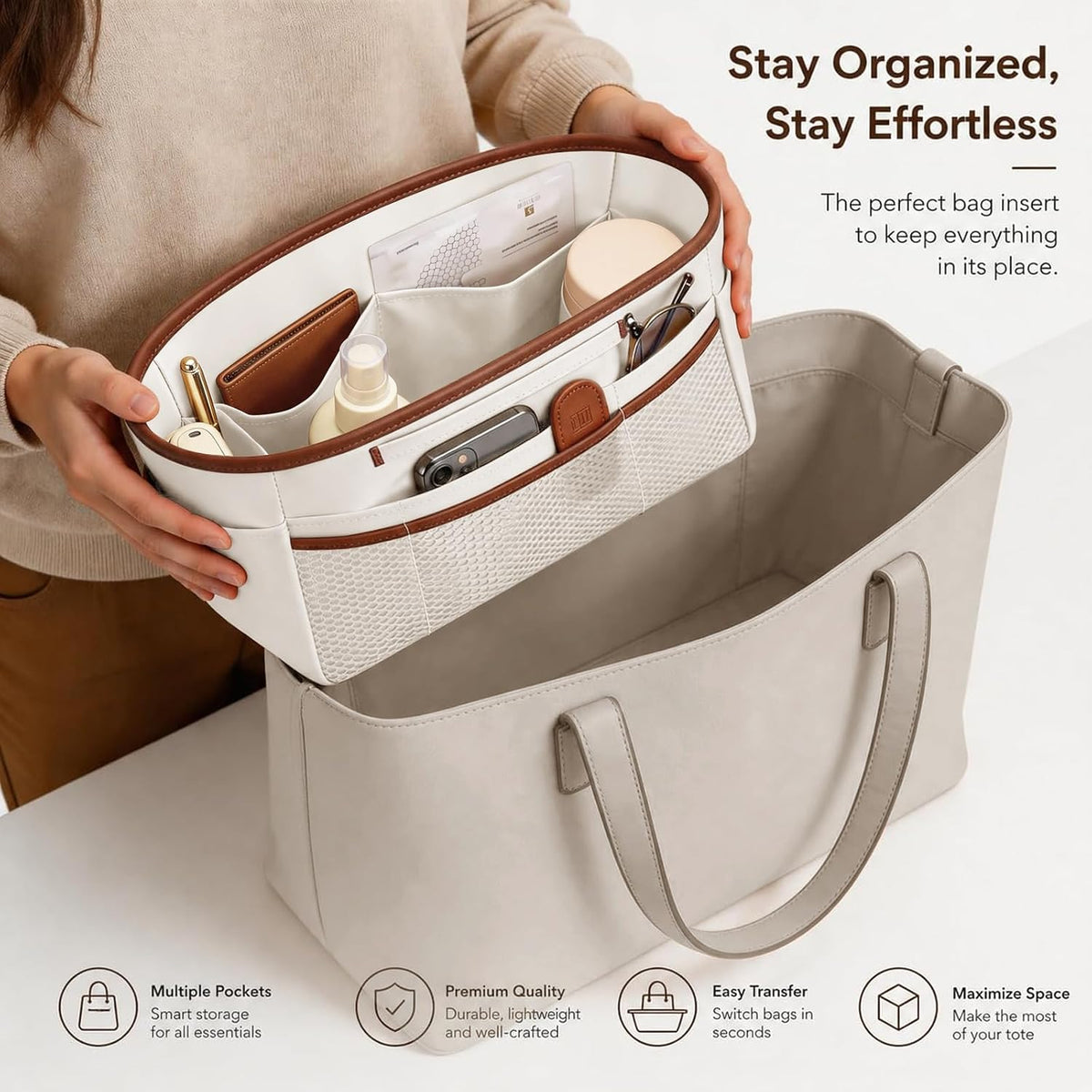 Purse Organizer Insert for Tote Bag, 12.99 Inch Satin Bag Organizer, Multi Pocket Handbag Organizer for Everyday Totes