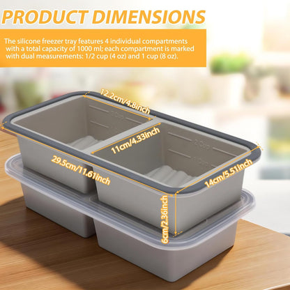 2 Pack Silicone Freezer Tray with Lid Soup Freeze Container Molds Set Soup Ice Cube Tray Kitchen Food Storage for Freezing Sauce, Broth, Rice Bpa Free (2 Pcs_4 Slot_Light Gray)