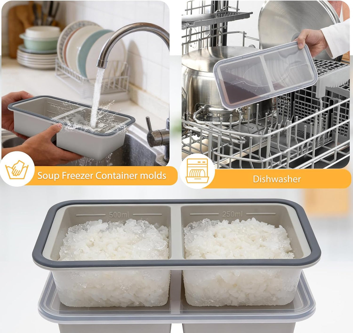 2 Pack Silicone Freezer Tray with Lid Soup Freeze Container Molds Set Soup Ice Cube Tray Kitchen Food Storage for Freezing Sauce, Broth, Rice Bpa Free (2 Pcs_4 Slot_Light Gray)
