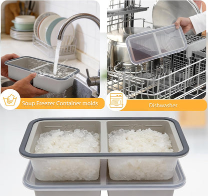 2 Pack Silicone Freezer Tray with Lid Soup Freeze Container Molds Set Soup Ice Cube Tray Kitchen Food Storage for Freezing Sauce, Broth, Rice Bpa Free (2 Pcs_4 Slot_Light Gray)