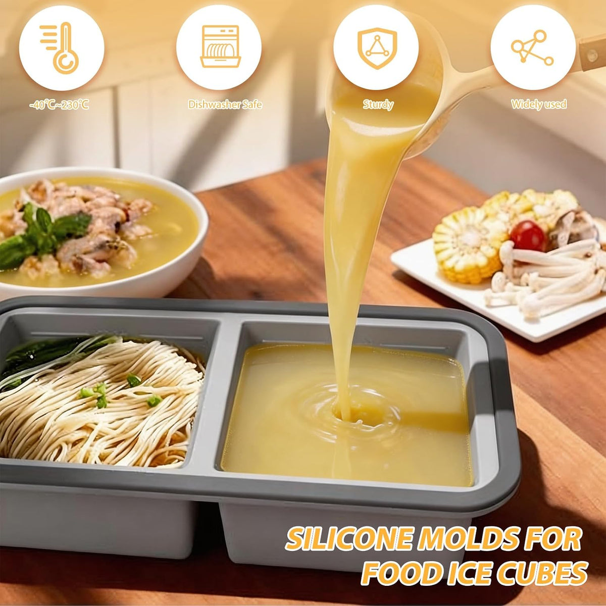 2 Pack Silicone Freezer Tray with Lid Soup Freeze Container Molds Set Soup Ice Cube Tray Kitchen Food Storage for Freezing Sauce, Broth, Rice Bpa Free (2 Pcs_4 Slot_Light Gray)