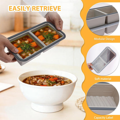 2 Pack Silicone Freezer Tray with Lid Soup Freeze Container Molds Set Soup Ice Cube Tray Kitchen Food Storage for Freezing Sauce, Broth, Rice Bpa Free (2 Pcs_4 Slot_Light Gray)