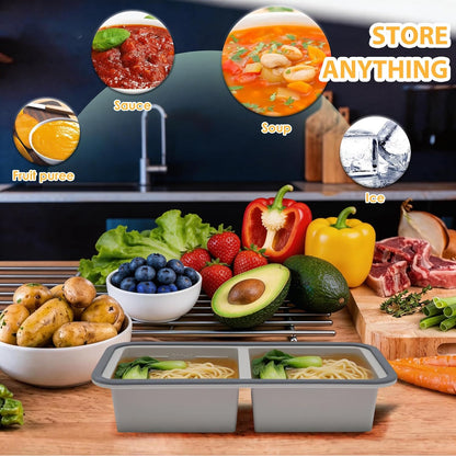 2 Pack Silicone Freezer Tray with Lid Soup Freeze Container Molds Set Soup Ice Cube Tray Kitchen Food Storage for Freezing Sauce, Broth, Rice Bpa Free (2 Pcs_4 Slot_Light Gray)