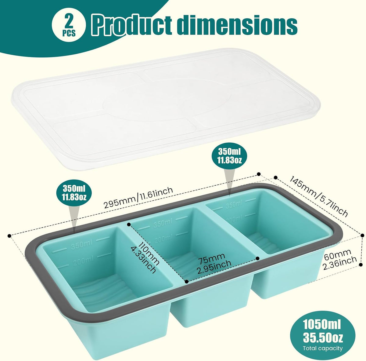 2 Pack Silicone Freezer Tray with Lid Soup Freeze Container Molds Set Soup Ice Cube Tray Kitchen Food Storage for Freezing Sauce, Broth, Rice Bpa Free (2 Pcs_4 Slot_Light Gray)