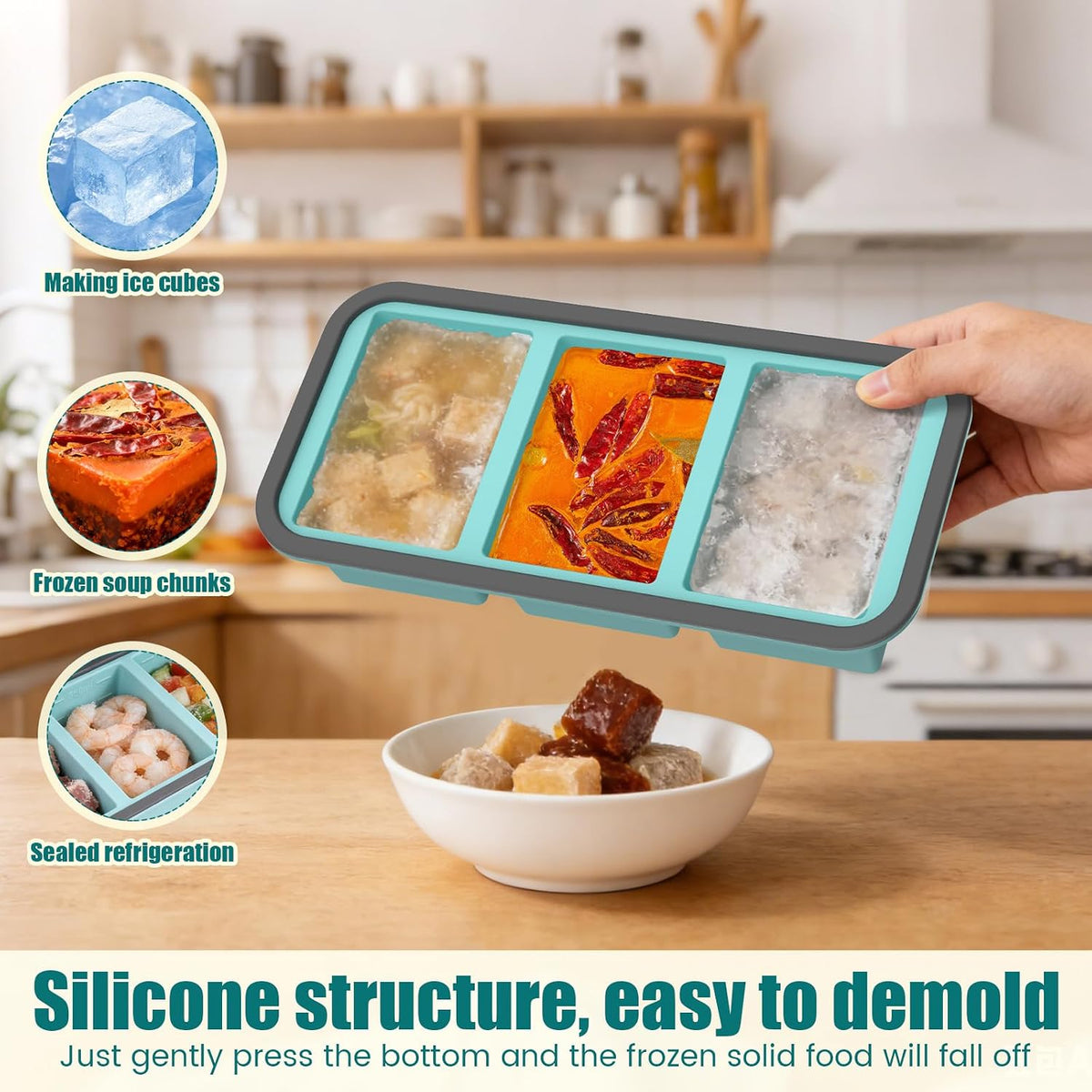 2 Pack Silicone Freezer Tray with Lid Soup Freeze Container Molds Set Soup Ice Cube Tray Kitchen Food Storage for Freezing Sauce, Broth, Rice Bpa Free (2 Pcs_4 Slot_Light Gray)
