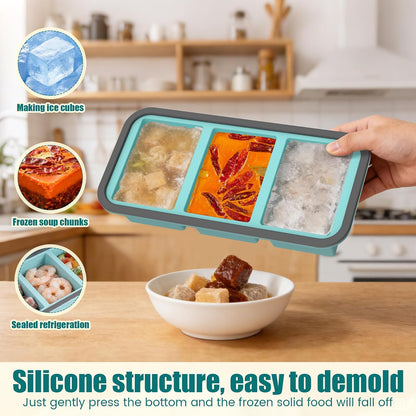 2 Pack Silicone Freezer Tray with Lid Soup Freeze Container Molds Set Soup Ice Cube Tray Kitchen Food Storage for Freezing Sauce, Broth, Rice Bpa Free (2 Pcs_4 Slot_Light Gray)