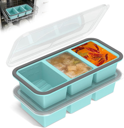 2 Pack Silicone Freezer Tray with Lid Soup Freeze Container Molds Set Soup Ice Cube Tray Kitchen Food Storage for Freezing Sauce, Broth, Rice Bpa Free (2 Pcs_4 Slot_Light Gray)