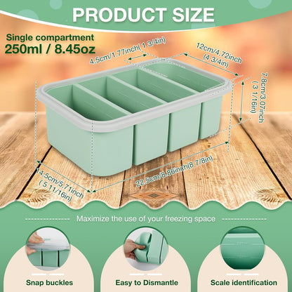 2 Pack Silicone Freezer Tray with Lid Soup Freeze Container Molds Set Soup Ice Cube Tray Kitchen Food Storage for Freezing Sauce, Broth, Rice Bpa Free (2 Pcs_4 Slot_Light Gray)