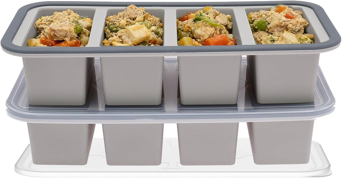 2 Pack Silicone Freezer Tray with Lid Soup Freeze Container Molds Set Soup Ice Cube Tray Kitchen Food Storage for Freezing Sauce, Broth, Rice Bpa Free (2 Pcs_4 Slot_Light Gray)