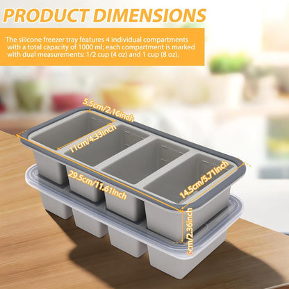 2 Pack Silicone Freezer Tray with Lid Soup Freeze Container Molds Set Soup Ice Cube Tray Kitchen Food Storage for Freezing Sauce, Broth, Rice Bpa Free (2 Pcs_4 Slot_Light Gray)