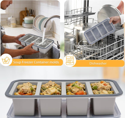 2 Pack Silicone Freezer Tray with Lid Soup Freeze Container Molds Set Soup Ice Cube Tray Kitchen Food Storage for Freezing Sauce, Broth, Rice Bpa Free (2 Pcs_4 Slot_Light Gray)