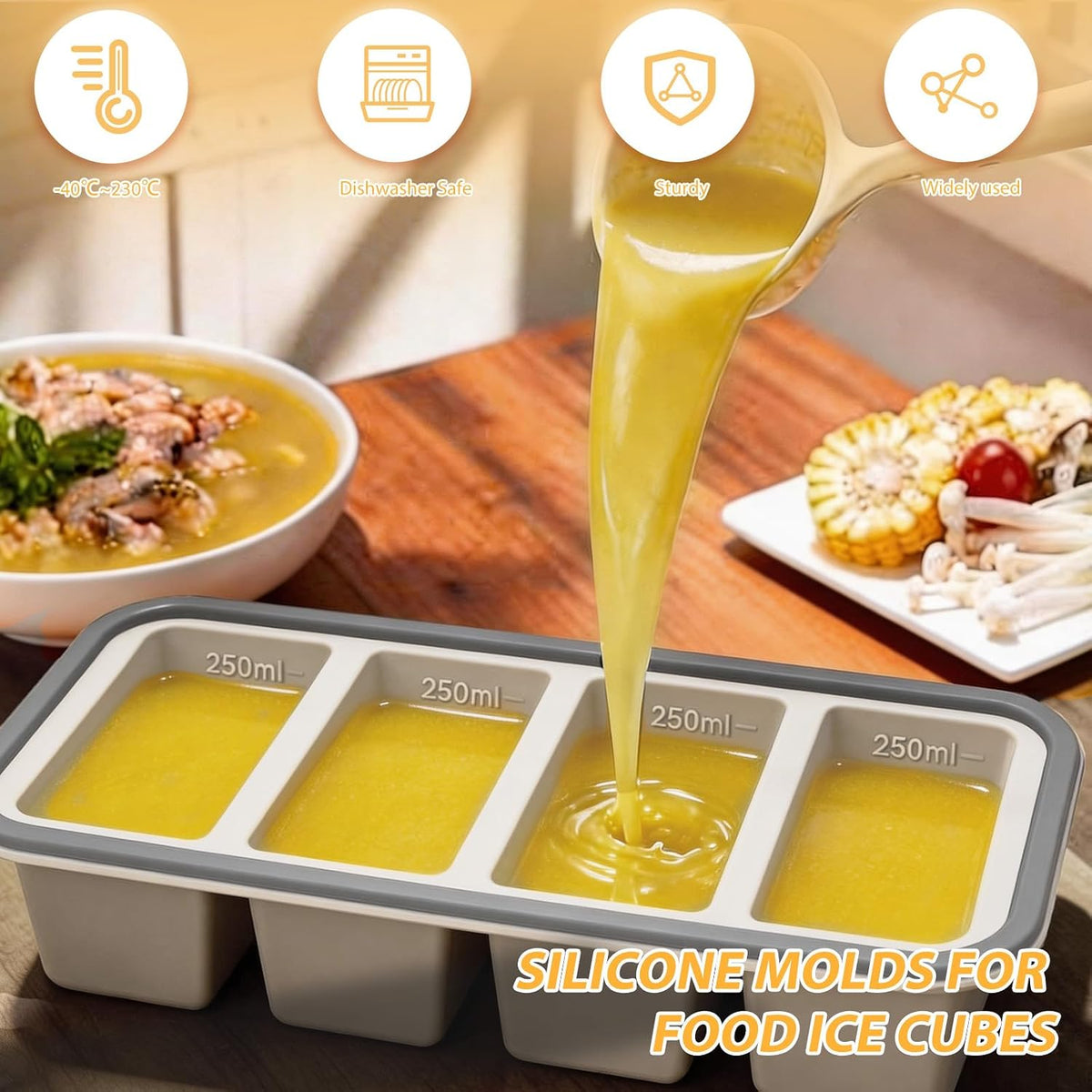 2 Pack Silicone Freezer Tray with Lid Soup Freeze Container Molds Set Soup Ice Cube Tray Kitchen Food Storage for Freezing Sauce, Broth, Rice Bpa Free (2 Pcs_4 Slot_Light Gray)
