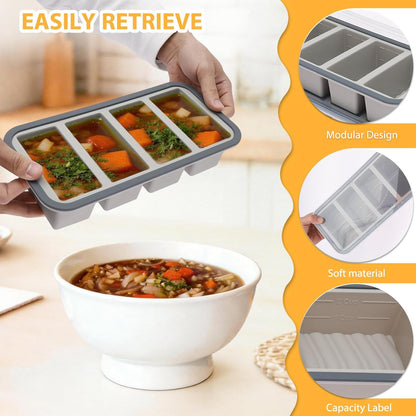 2 Pack Silicone Freezer Tray with Lid Soup Freeze Container Molds Set Soup Ice Cube Tray Kitchen Food Storage for Freezing Sauce, Broth, Rice Bpa Free (2 Pcs_4 Slot_Light Gray)