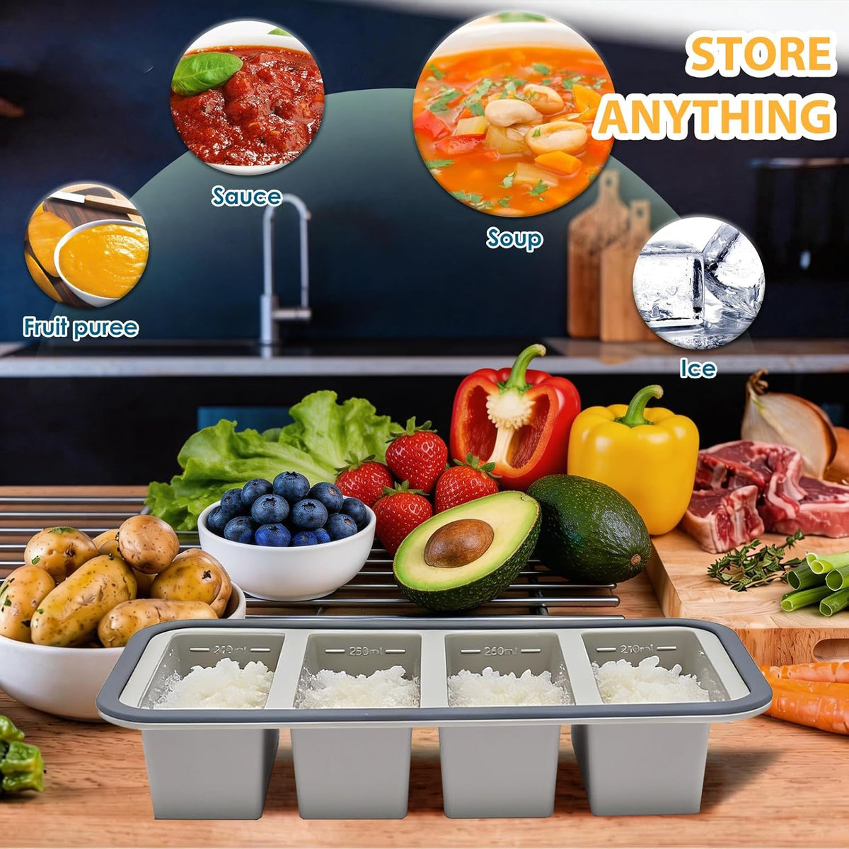 2 Pack Silicone Freezer Tray with Lid Soup Freeze Container Molds Set Soup Ice Cube Tray Kitchen Food Storage for Freezing Sauce, Broth, Rice Bpa Free (2 Pcs_4 Slot_Light Gray)