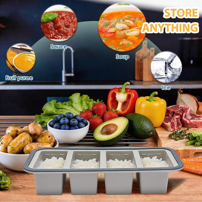 2 Pack Silicone Freezer Tray with Lid Soup Freeze Container Molds Set Soup Ice Cube Tray Kitchen Food Storage for Freezing Sauce, Broth, Rice Bpa Free (2 Pcs_4 Slot_Light Gray)