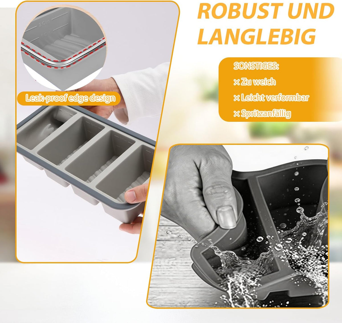 2 Pack Silicone Freezer Tray with Lid Soup Freeze Container Molds Set Soup Ice Cube Tray Kitchen Food Storage for Freezing Sauce, Broth, Rice Bpa Free (2 Pcs_4 Slot_Light Gray)