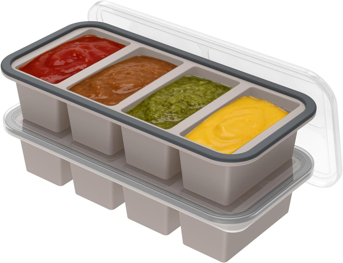 2 Pack Silicone Freezer Tray with Lid Soup Freeze Container Molds Set Soup Ice Cube Tray Kitchen Food Storage for Freezing Sauce, Broth, Rice Bpa Free (2 Pcs_4 Slot_Light Gray)