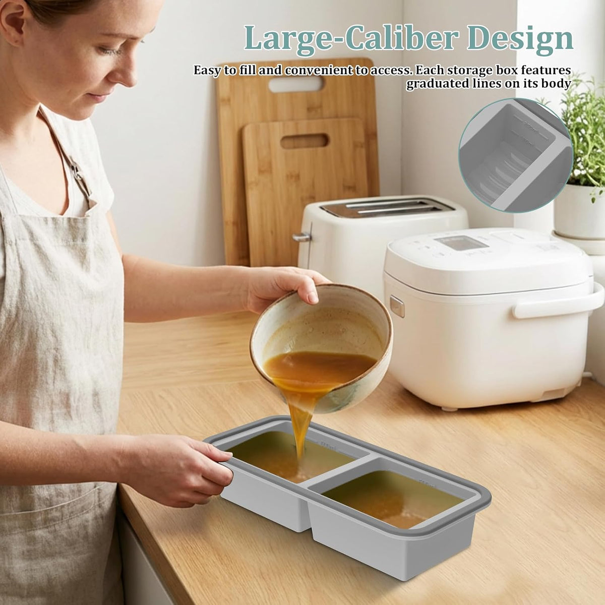 2 Pack Silicone Freezer Tray with Lid Soup Freeze Container Molds Set Soup Ice Cube Tray Kitchen Food Storage for Freezing Sauce, Broth, Rice Bpa Free (2 Pcs_4 Slot_Light Gray)