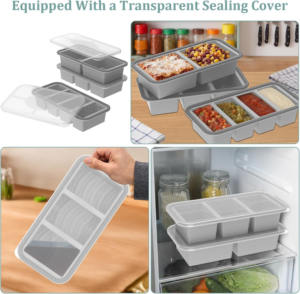 2 Pack Silicone Freezer Tray with Lid Soup Freeze Container Molds Set Soup Ice Cube Tray Kitchen Food Storage for Freezing Sauce, Broth, Rice Bpa Free (2 Pcs_4 Slot_Light Gray)