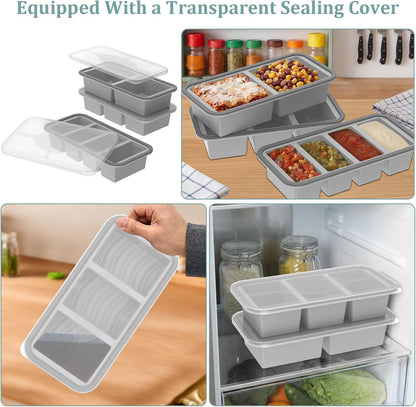 2 Pack Silicone Freezer Tray with Lid Soup Freeze Container Molds Set Soup Ice Cube Tray Kitchen Food Storage for Freezing Sauce, Broth, Rice Bpa Free (2 Pcs_4 Slot_Light Gray)