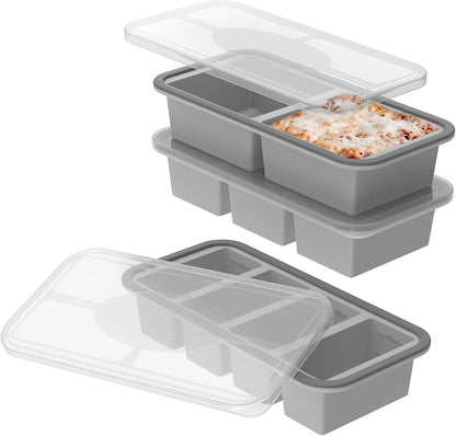 2 Pack Silicone Freezer Tray with Lid Soup Freeze Container Molds Set Soup Ice Cube Tray Kitchen Food Storage for Freezing Sauce, Broth, Rice Bpa Free (2 Pcs_4 Slot_Light Gray)