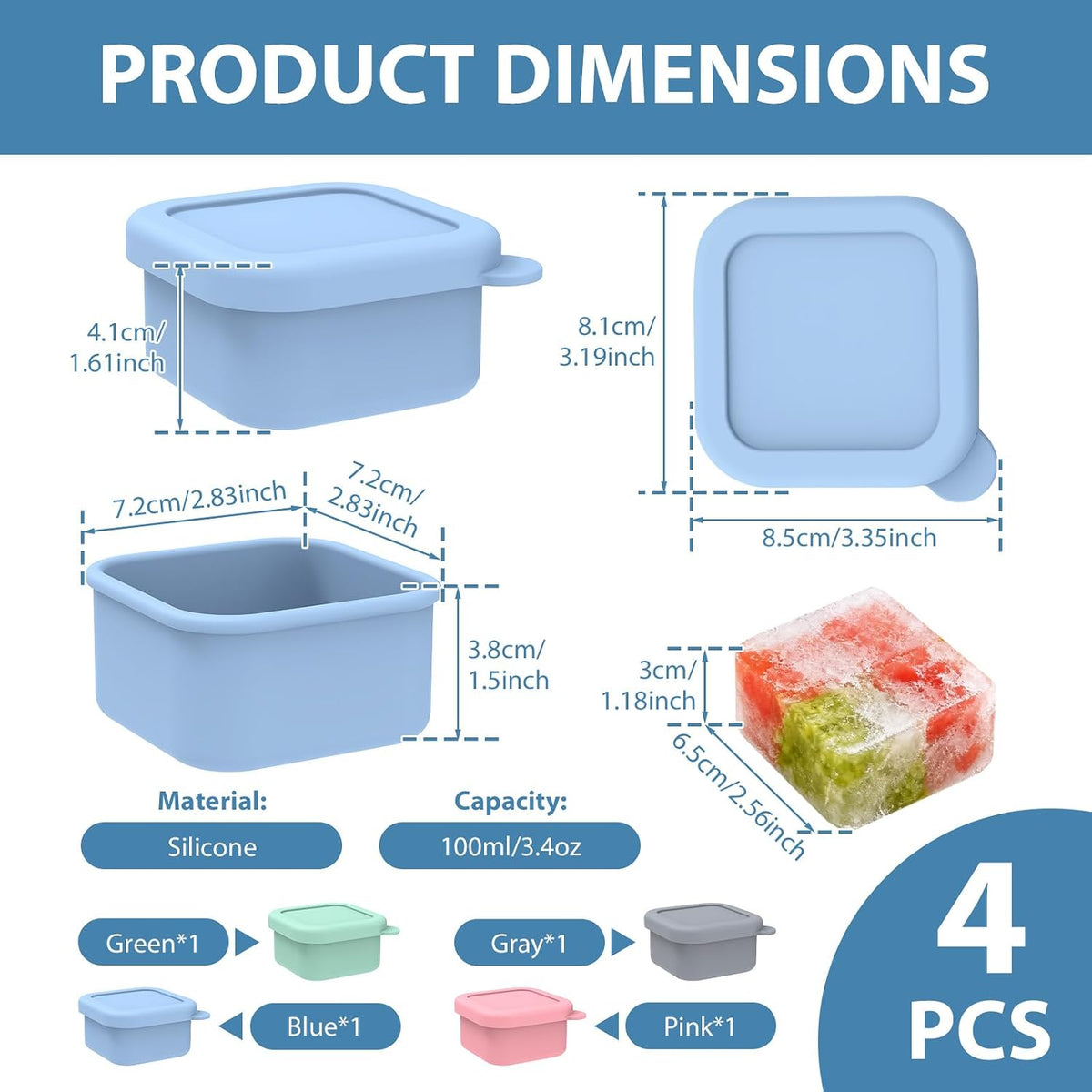 2 Pack Silicone Freezer Tray with Lid Soup Freeze Container Molds Set Soup Ice Cube Tray Kitchen Food Storage for Freezing Sauce, Broth, Rice Bpa Free (2 Pcs_4 Slot_Light Gray)