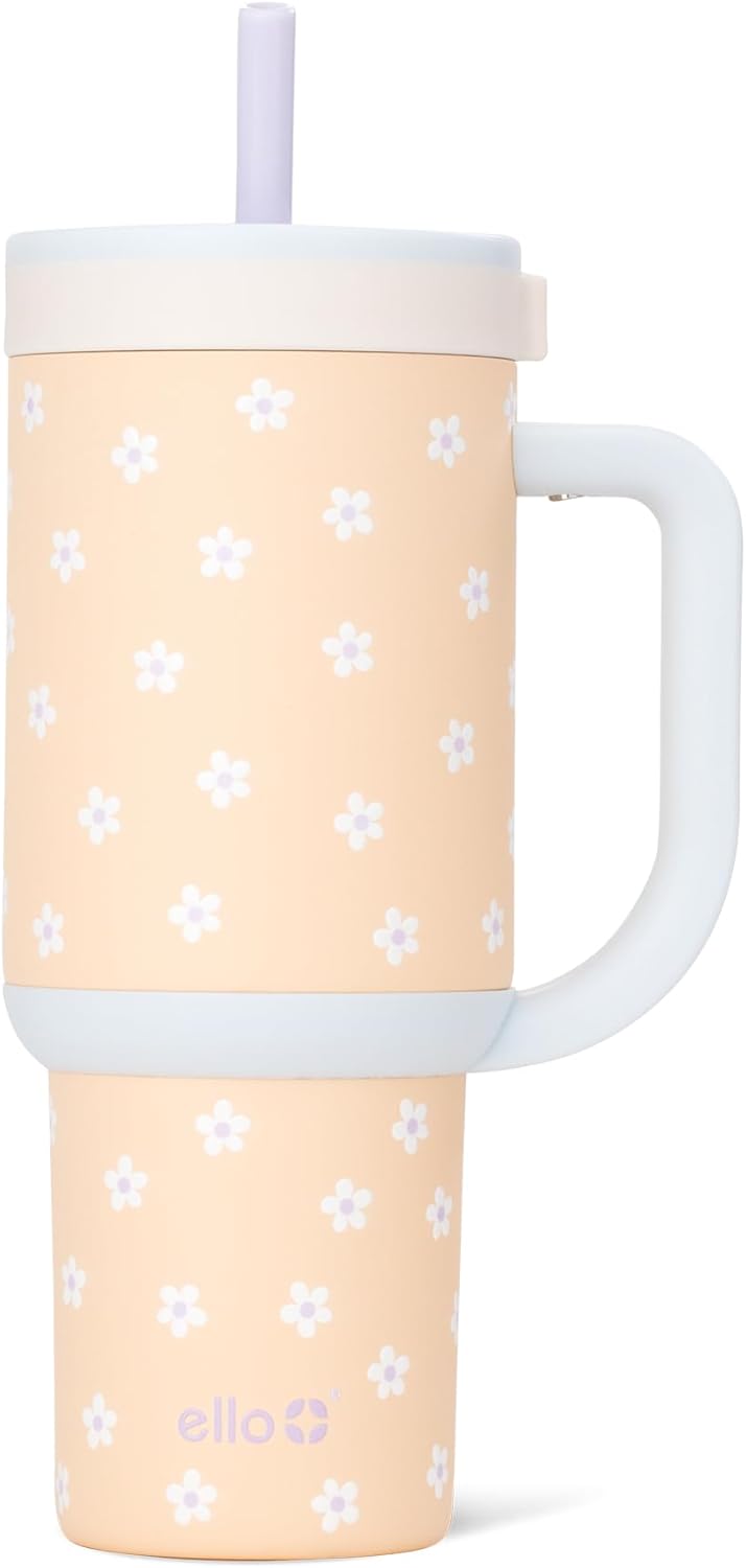 Oasis 30oz Insulated Stainless Steel Tumbler with Straw, Pink Gingham | Insulated stainless steel cup with handle, retracting straw, leakproof lid, keeps cold 24 hours, cupholder fit