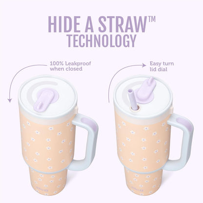 Oasis 30oz Insulated Stainless Steel Tumbler with Straw, Pink Gingham | Insulated stainless steel cup with handle, retracting straw, leakproof lid, keeps cold 24 hours, cupholder fit
