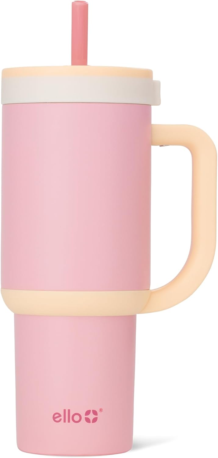 Oasis 30oz Insulated Stainless Steel Tumbler with Straw, Pink Gingham | Insulated stainless steel cup with handle, retracting straw, leakproof lid, keeps cold 24 hours, cupholder fit