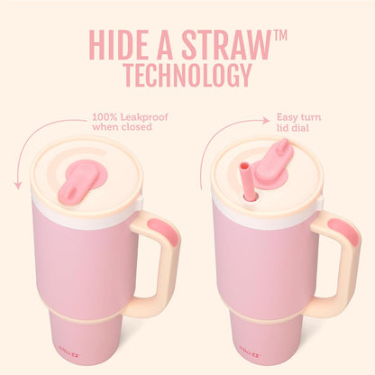 Oasis 30oz Insulated Stainless Steel Tumbler with Straw, Pink Gingham | Insulated stainless steel cup with handle, retracting straw, leakproof lid, keeps cold 24 hours, cupholder fit
