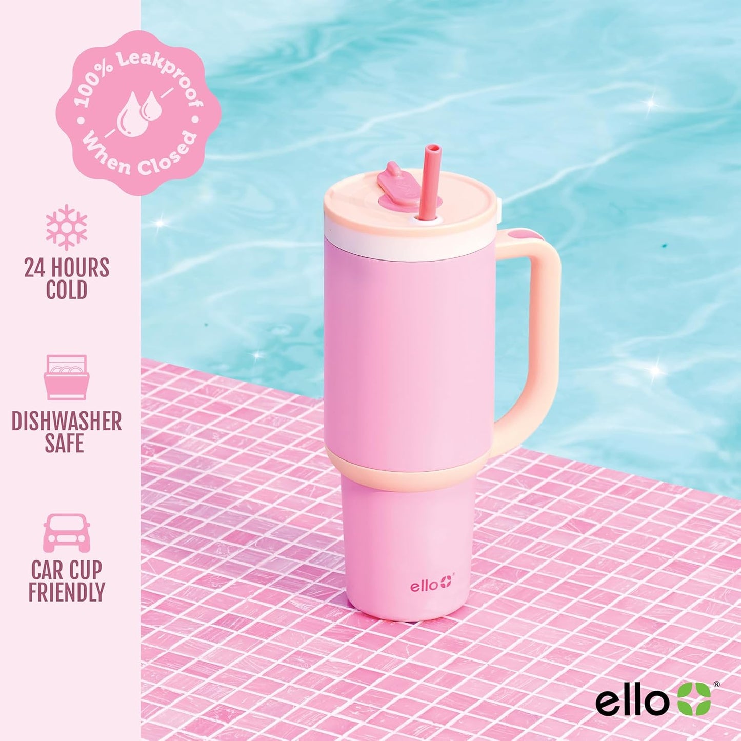 Oasis 30oz Insulated Stainless Steel Tumbler with Straw, Pink Gingham | Insulated stainless steel cup with handle, retracting straw, leakproof lid, keeps cold 24 hours, cupholder fit
