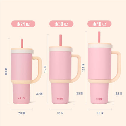 Oasis 30oz Insulated Stainless Steel Tumbler with Straw, Pink Gingham | Insulated stainless steel cup with handle, retracting straw, leakproof lid, keeps cold 24 hours, cupholder fit