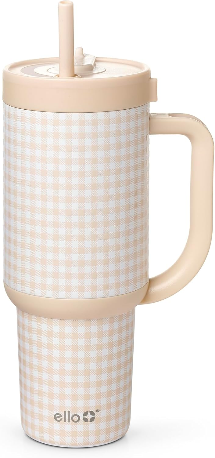 Oasis 30oz Insulated Stainless Steel Tumbler with Straw, Pink Gingham | Insulated stainless steel cup with handle, retracting straw, leakproof lid, keeps cold 24 hours, cupholder fit