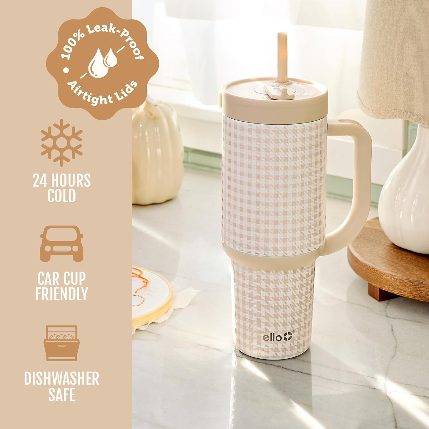 Oasis 30oz Insulated Stainless Steel Tumbler with Straw, Pink Gingham | Insulated stainless steel cup with handle, retracting straw, leakproof lid, keeps cold 24 hours, cupholder fit
