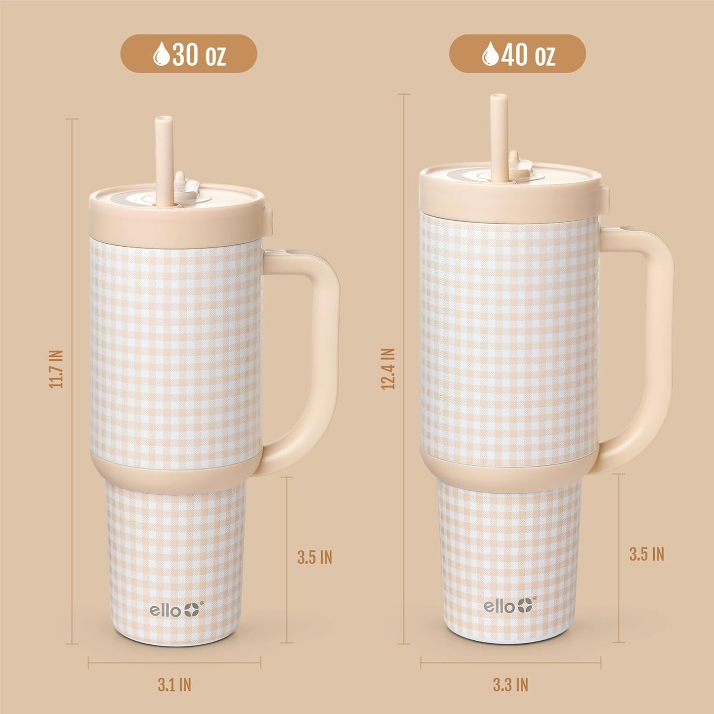 Oasis 30oz Insulated Stainless Steel Tumbler with Straw, Pink Gingham | Insulated stainless steel cup with handle, retracting straw, leakproof lid, keeps cold 24 hours, cupholder fit