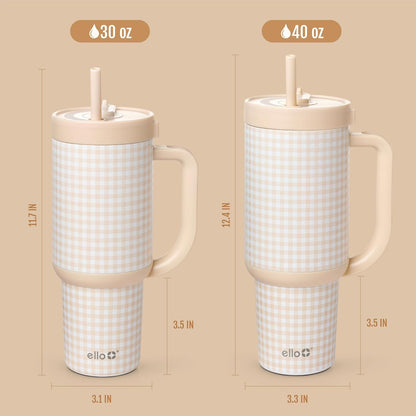 Oasis 30oz Insulated Stainless Steel Tumbler with Straw, Pink Gingham | Insulated stainless steel cup with handle, retracting straw, leakproof lid, keeps cold 24 hours, cupholder fit