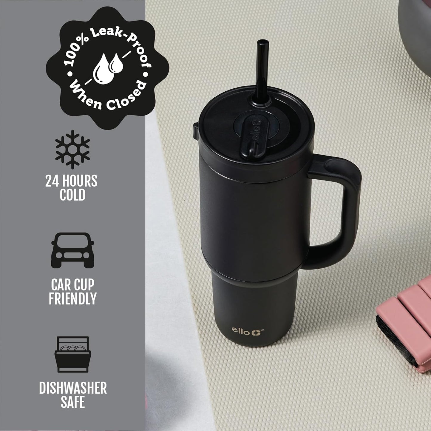 Oasis 30oz Insulated Stainless Steel Tumbler with Straw, Pink Gingham | Insulated stainless steel cup with handle, retracting straw, leakproof lid, keeps cold 24 hours, cupholder fit