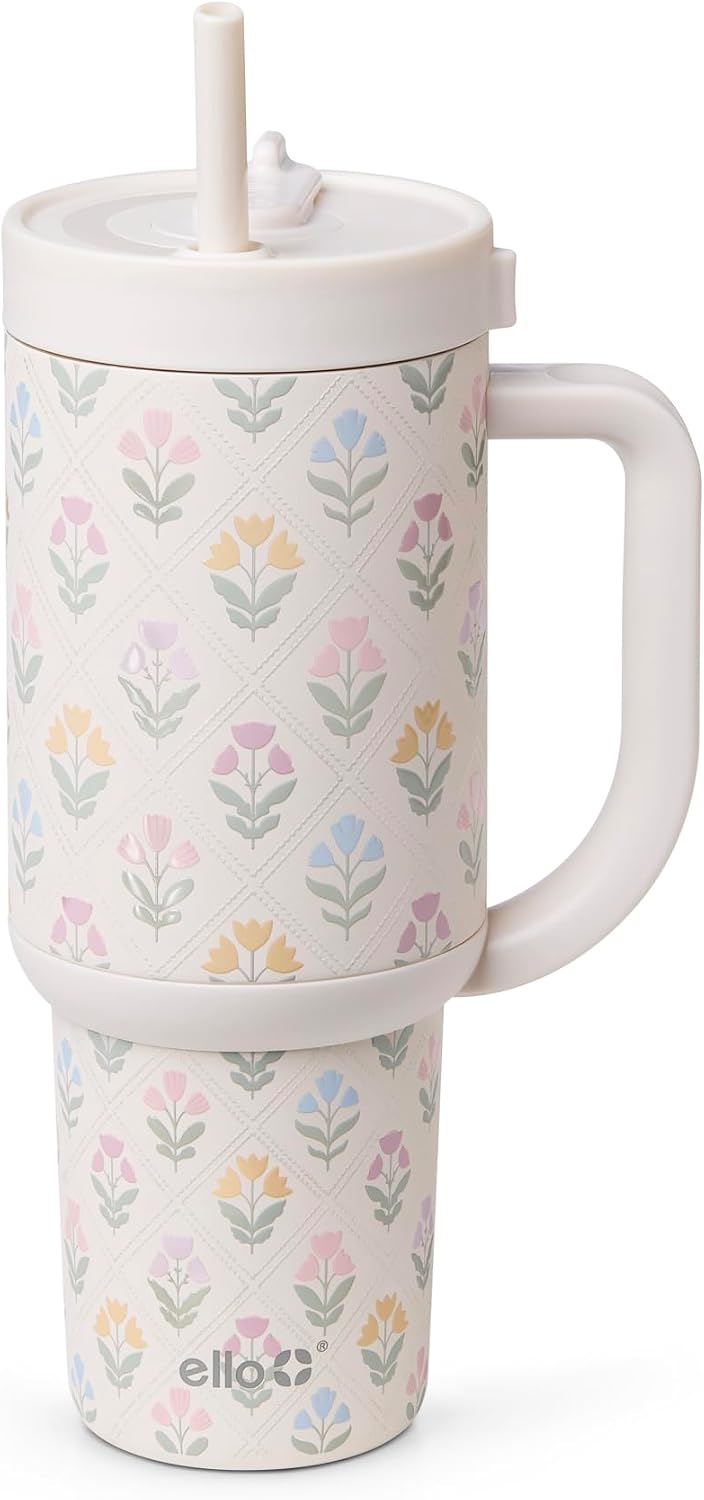 Oasis 30oz Insulated Stainless Steel Tumbler with Straw, Pink Gingham | Insulated stainless steel cup with handle, retracting straw, leakproof lid, keeps cold 24 hours, cupholder fit
