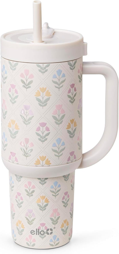 Oasis 30oz Insulated Stainless Steel Tumbler with Straw, Pink Gingham | Insulated stainless steel cup with handle, retracting straw, leakproof lid, keeps cold 24 hours, cupholder fit