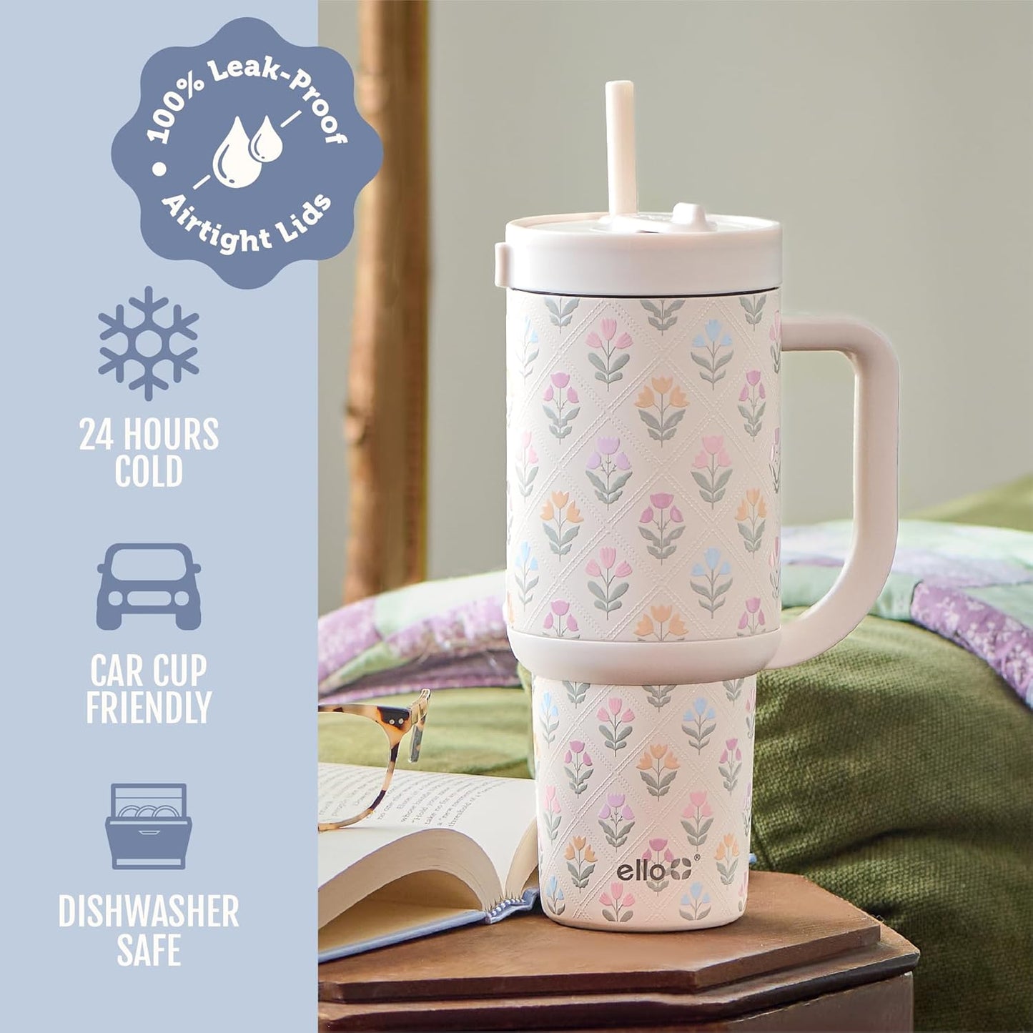 Oasis 30oz Insulated Stainless Steel Tumbler with Straw, Pink Gingham | Insulated stainless steel cup with handle, retracting straw, leakproof lid, keeps cold 24 hours, cupholder fit