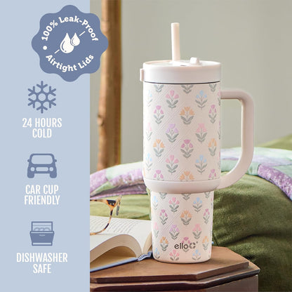 Oasis 30oz Insulated Stainless Steel Tumbler with Straw, Pink Gingham | Insulated stainless steel cup with handle, retracting straw, leakproof lid, keeps cold 24 hours, cupholder fit