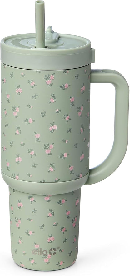 Oasis 30oz Insulated Stainless Steel Tumbler with Straw, Pink Gingham | Insulated stainless steel cup with handle, retracting straw, leakproof lid, keeps cold 24 hours, cupholder fit