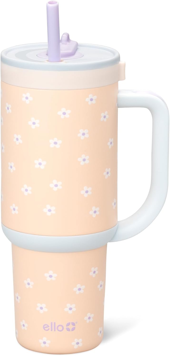 Oasis 30oz Insulated Stainless Steel Tumbler with Straw, Pink Gingham | Insulated stainless steel cup with handle, retracting straw, leakproof lid, keeps cold 24 hours, cupholder fit