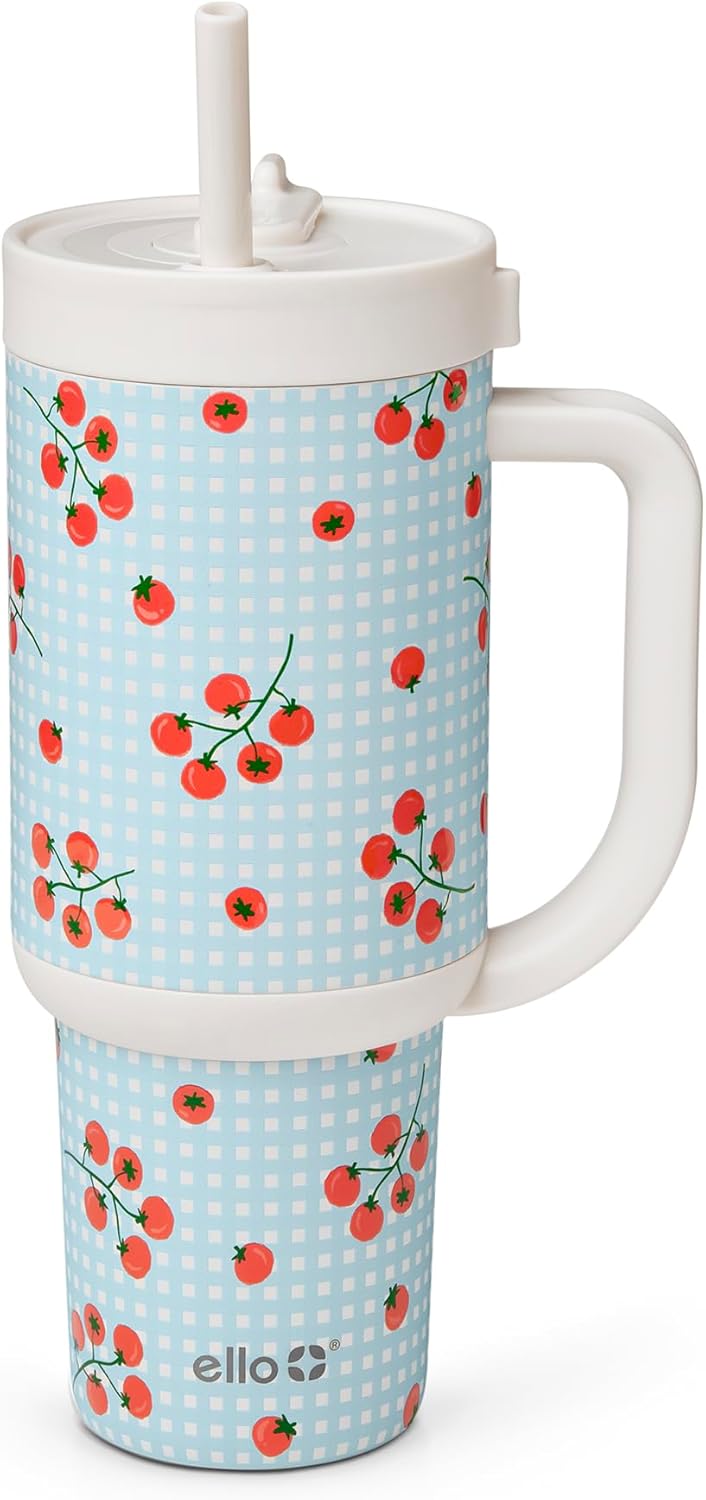Oasis 30oz Insulated Stainless Steel Tumbler with Straw, Pink Gingham | Insulated stainless steel cup with handle, retracting straw, leakproof lid, keeps cold 24 hours, cupholder fit