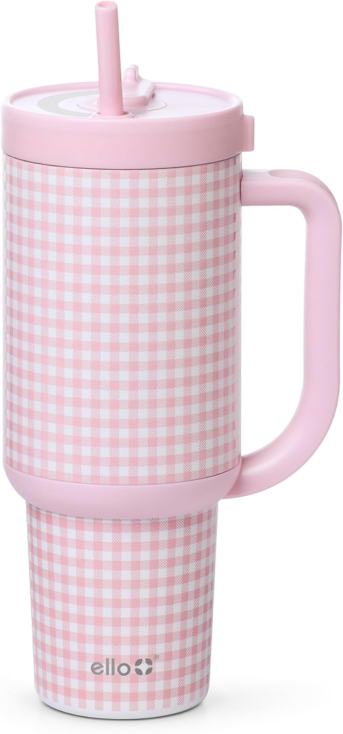 Oasis 30oz Insulated Stainless Steel Tumbler with Straw, Pink Gingham | Insulated stainless steel cup with handle, retracting straw, leakproof lid, keeps cold 24 hours, cupholder fit