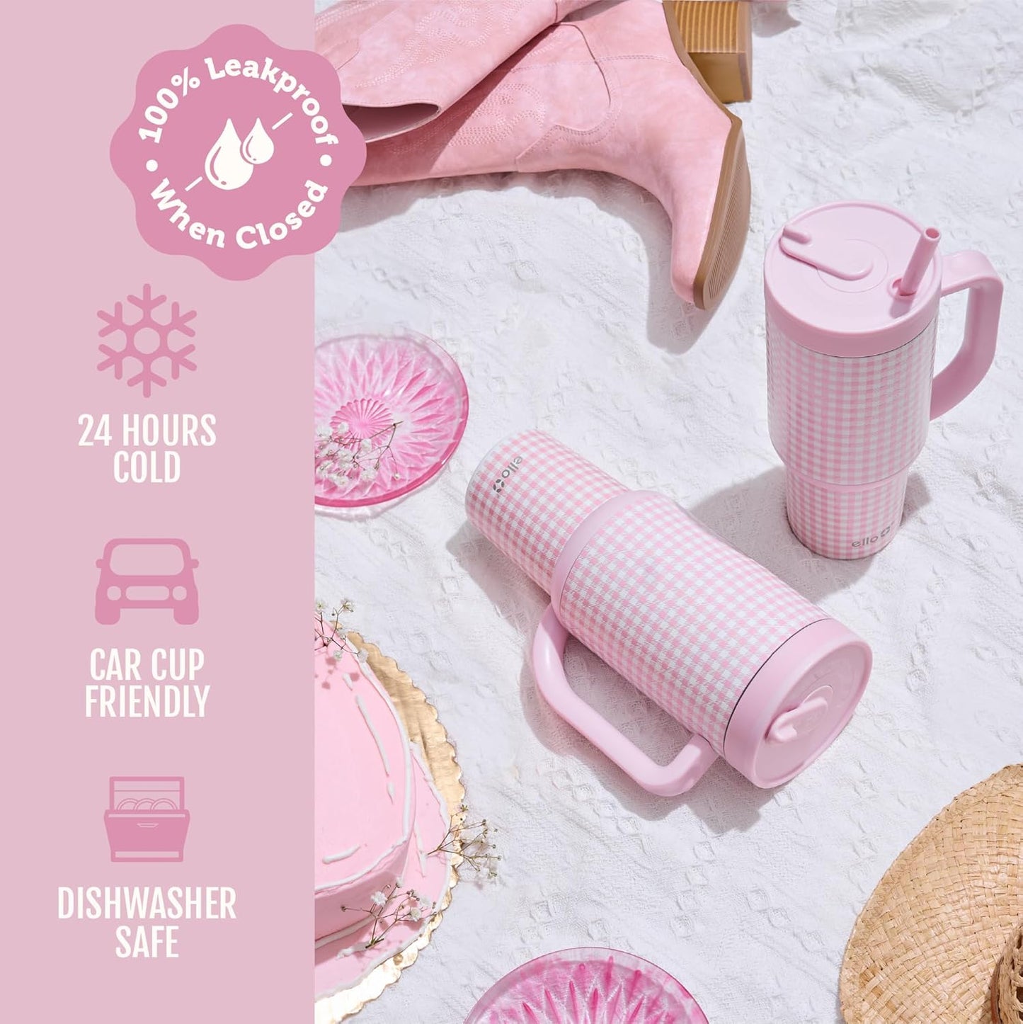 Oasis 30oz Insulated Stainless Steel Tumbler with Straw, Pink Gingham | Insulated stainless steel cup with handle, retracting straw, leakproof lid, keeps cold 24 hours, cupholder fit