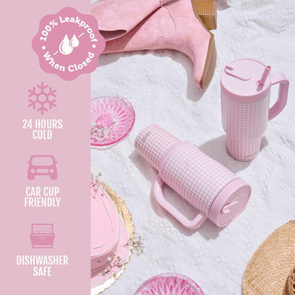 Oasis 30oz Insulated Stainless Steel Tumbler with Straw, Pink Gingham | Insulated stainless steel cup with handle, retracting straw, leakproof lid, keeps cold 24 hours, cupholder fit