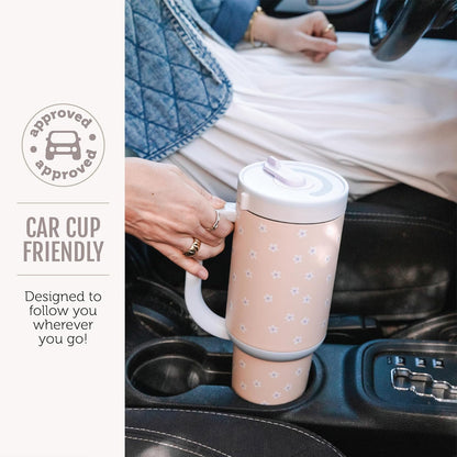 Oasis 30oz Insulated Stainless Steel Tumbler with Straw, Pink Gingham | Insulated stainless steel cup with handle, retracting straw, leakproof lid, keeps cold 24 hours, cupholder fit