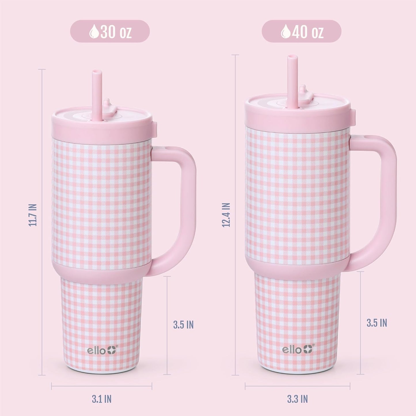 Oasis 30oz Insulated Stainless Steel Tumbler with Straw, Pink Gingham | Insulated stainless steel cup with handle, retracting straw, leakproof lid, keeps cold 24 hours, cupholder fit
